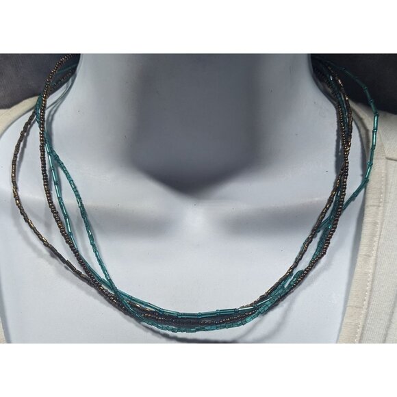 Earthy Blue And Copper Tone Glass Beaded Layered Necklace - Picture 2 of 6